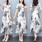 Women Dress Summer V Neck Short Sleeve Waist Fit Pleated Loose Dress Floral Print Casual Long Dresses White XL