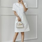 Women Fashion Loose Dress Short Sleeve Round Neck Solid Color Relaxed-fit Mid Length Skirt White XXL
