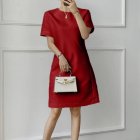 Women Fashion Loose Dress Short Sleeve Round Neck Solid Color Relaxed-fit Mid Length Skirt red M
