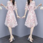 Women Floral Chiffon Dress V-collar Loose Waist Medium Fashion Dress Pink_3XL