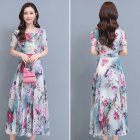 Women Floral Printing Dress Summer Short Sleeves Round Neck Long Skirt High Waist Large Swing Pullover Dress blue 2XL
