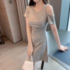 Women French Short Sleeves Dress Elegant Cold Shoulder Solid Color A-line Skirt Casual High Waist Short Dress grey M