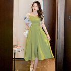 Women French Square Neck Dress Summer Puff Short Sleeve High Waist A-line Skirt Elegant Solid Color Dress Avocado Green 2XL