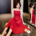 Women French Square Neck Dress Summer Puff Short Sleeve High Waist A-line Skirt Elegant Solid Color Dress red S