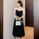 Women French Square Neck Dress Summer Puff Short Sleeve High Waist A-line Skirt Elegant Solid Color Dress black 2XL