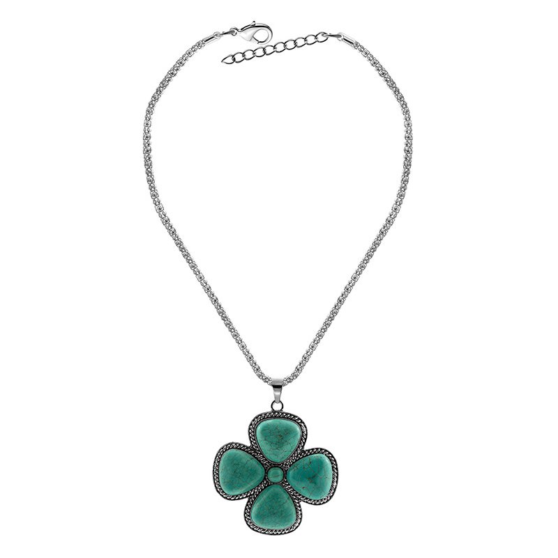 Women Girls Retro Jewelry Green Flower Turquoise Pendant Necklace with Water Wave Chain Xmas Gift
