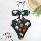 Women Halter Swimsuit Retro Ethnic Moroccan Printing Sexy High Waist Quick-drying Backless Swimwear For Swimming green flower L