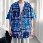 Women Hawaiian Lapel Shirt Retro Ethnic Style Printing Jacket Loose Casual Cardigan Tops For Couple 1301 blue L