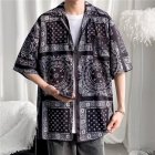 Women Hawaiian Lapel Shirt Retro Ethnic Style Printing Jacket Loose Casual Cardigan Tops For Couple 1301 black 3XL