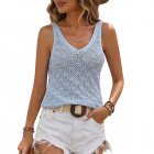 Women Hollow Sweater Tank Tops Knit Vest Comfortable Breathable V Neck Solid Color Summer Casual Sleeveless Tops light blue M