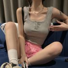 Women Knitted Tank Tops Summer U-neck Slim Fit Crop Tops Sexy Slim Fit Simple Solid Color Sleeveless Shirt grey XL