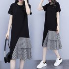 Women Lady Casual New Large Size Dress Korean Version Short-sleeve Long T-shirt Fake Two Pieces Irregular Dress black_L
