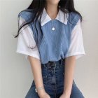 Women Lapel Blouse Summer Trendy Contrast Color Short-sleeved T-shirt Elegant Loose Casual Breathable Tops blue M
