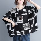Women Large Size T-shirt Summer Short Sleeves Trendy Retro Printed Blouse Loose Casual Round Neck Tops black XL