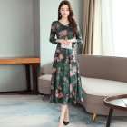 Women Long Dress V-neck Retro Printing Flower High Waist Long Sleeves Spring Autumn Dress Green_M