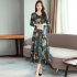 Women Long Dress V neck Retro Printing Flower High Waist Long Sleeves Spring Autumn Dress Green M