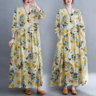 Women Long Sleeves Dress Retro Flower Printing Loose A-line Skirt Casual Large Swing Pullover Midi Skirt yellow flower XL