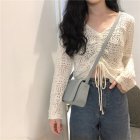 Women Long Sleeves Knitted Shirt V-neck Hollow-out Slim Fit Crop Tops Elegant Solid Color Drawstring Blouse White One size