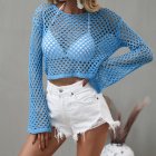 Women Long Sleeves Knitted Shirt Summer Flared Sleeves Loose Casual Beach Blouse Round Neck Hollow-out Tops blue M