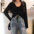 Women Long Sleeves Knitted Shirt V neck Hollow out Slim Fit Crop Tops Elegant Solid Color Drawstring Blouse White One size