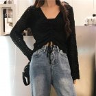 Women Long Sleeves Knitted Shirt V-neck Hollow-out Slim Fit Crop Tops Elegant Solid Color Drawstring Blouse black One size