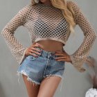 Women Long Sleeves Knitted Shirt Summer Flared Sleeves Loose Casual Beach Blouse Round Neck Hollow-out Tops Khaki M