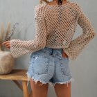 Women Long Sleeves Knitted Shirt Summer Flared Sleeves Loose Casual Beach Blouse Round Neck Hollow-out Tops Khaki L