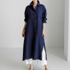 Women Long Sleeves Long Shirt Trendy Lapel Slit Cotton Linen Tops Solid Color Single Breasted Cardigan Jacket navy blue XL