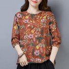 Women Long Sleeves Shirt Trendy Round Neck Retro Printing Tops Loose Large Size Casual Pullover T-shirt orange XXL