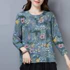 Women Long Sleeves Shirt Trendy Round Neck Retro Printing Tops Loose Large Size Casual Pullover T-shirt blue XL