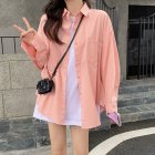 Women Long Sleeves T-shirt Fashion Lapel Solid Color Blouse Breathable Casual Single-breasted Cardigan Tops Pink M