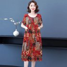Women Loose Floral Dress Comfortable Breathable Round Neck Short Sleeve Ice Silk Swing Dress A Line Skirt red 2XL