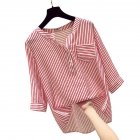 Women Loose V-collar Vertical Striped Chiffon Shirt Three Quarter Sleeves Tops Red Stripe_L