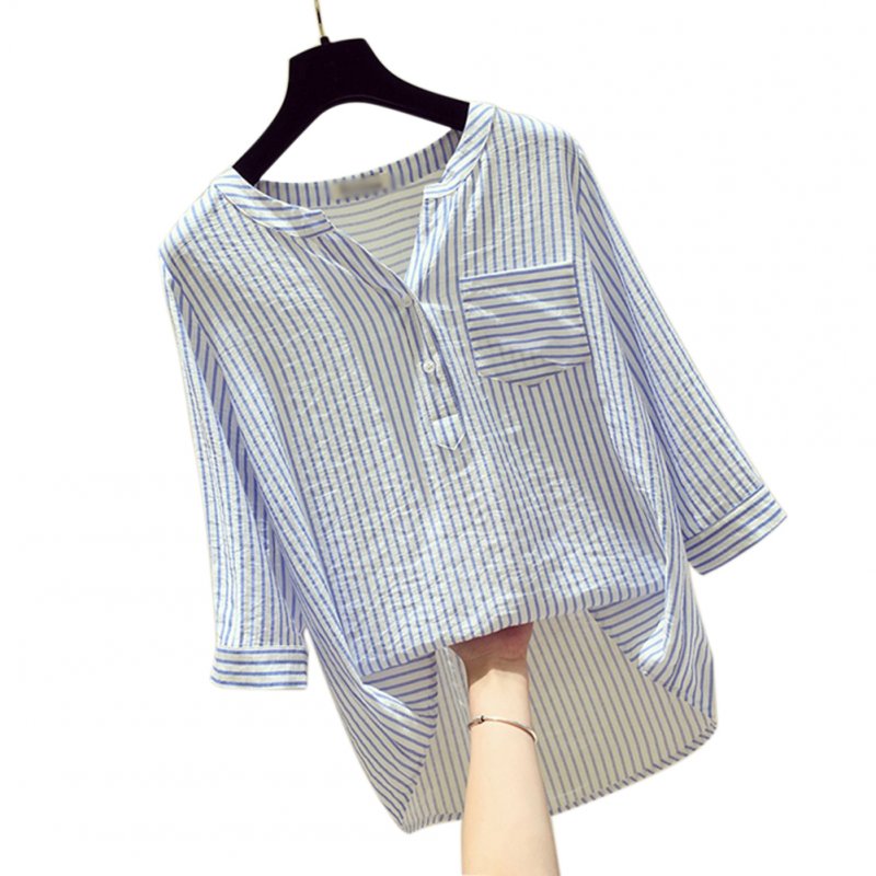 Women Loose V-collar Vertical Striped Chiffon Shirt Three Quarter Sleeves Tops blue stripe_M