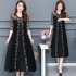 Women Middle Sleeve Large Hem Lace A line Casual Dress black L