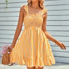 Women Off Shoulder Dress Trendy Sweet Ruffled Striped Printing A-line Skirt Casual Short Sleeves Short Dress yellow S