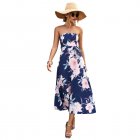 Women Off Shoulder Strapless Dress Sexy Sleeveless High Waist Lace-up Tube Top Midi Skirt Floral Printing A-line Skirt navy blue S