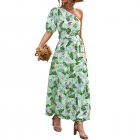 Women One Shoulder Dress Summer Short Sleeves Floral Printing Long Skirt Simple Elegant Lace-up Dress green L