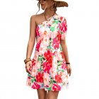 Women One Shoulder Dress Summer Puff Short Sleeves Elegant A-line Skirt Sweet Floral Printing Short Skirt pink L