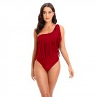 Women One-piece Swimsuit Sexy One Shoulder Tassel Multi-color Swimwear Sleeveless Solid Color Swimsuit red M