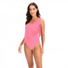 Women One-piece Swimsuit Sexy One Shoulder Tassel Multi-color Swimwear Sleeveless Solid Color Swimsuit Pink M