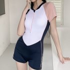 Women One-piece Swimsuit Summer Short Sleeves Conservative Swimwear For Swimming Hot Spring Beach black L