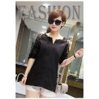 Women Plus Size Blouse Summer Short Sleeves V Neck Tops Elegant Hollow-out Lace Casual Loose Shirt black XXL