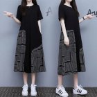 Women Plus Size Dress Elegant Short Sleeves Round Neck Midi Skirt Loose Casual Stylish Printing Dress black 2304 3XL