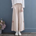 Women Retro Embroidery Wide-leg Pants Cotton Linen High Waist Solid Color Slit Casual Large Size Trousers apricot M