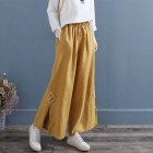 Women Retro Embroidery Wide-leg Pants Cotton Linen High Waist Solid Color Slit Casual Large Size Trousers yellow M
