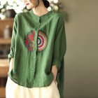 Women Retro Linen Long-sleeved Shirt Embroidered Solid Color Loose Casual Bottoming Shirt Tops Blouse green XL