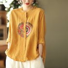 Women Retro Linen Long-sleeved Shirt Embroidered Solid Color Loose Casual Bottoming Shirt Tops Blouse yellow 4XL