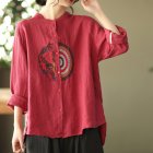 Women Retro Linen Long-sleeved Shirt Embroidered Solid Color Loose Casual Bottoming Shirt Tops Blouse red M