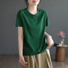 Women Round Neck Short Sleeves T-shirt Cute Embroidered Bunny Casual Tops Simple Solid Color Loose Blouse green L